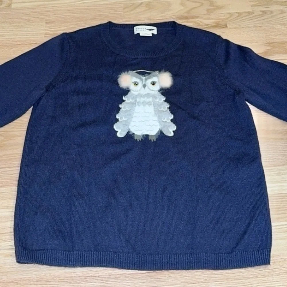 Kate Spade Broome Street Navy Blue Wool Blend Owl Crewneck Sweater Large‎
